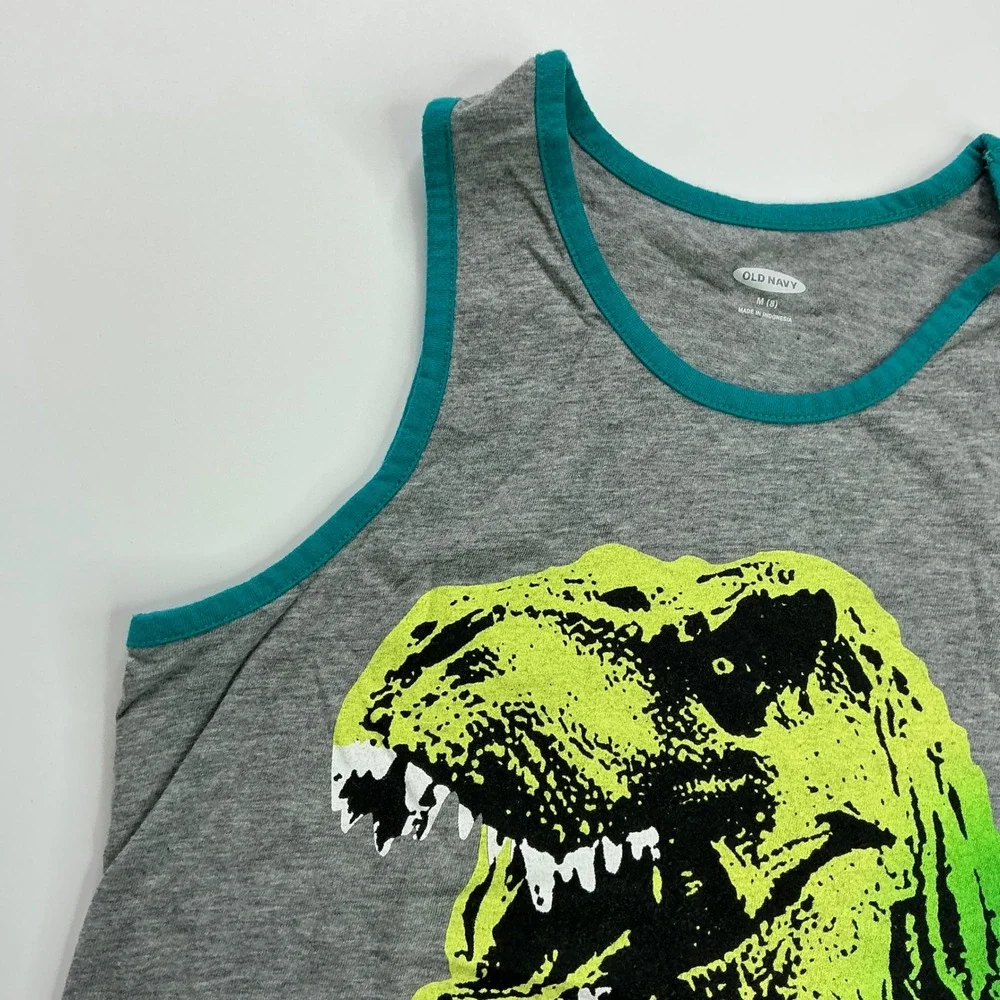Old Navy Gray T-Rex Graphic Tank Top Kids Size M 8 Dinosaur Teal Trim